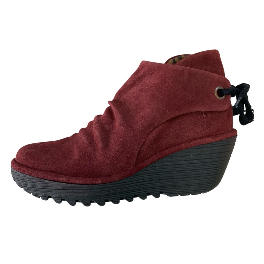 Fly London‎ Yebi Tie Back Ruched Booties Oil Suede Wedge Wine Burgundy (Size 40)